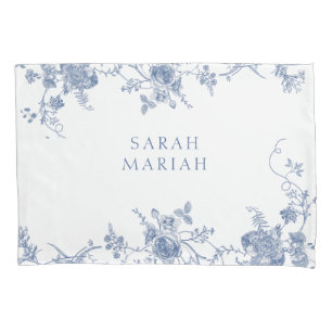 Dusty Blue & White Floral Toile Personalized Name Pillowcase