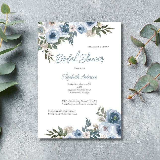 Dusty Blue White Floral Watercolor Bridal Shower  Invitation (Blue White Floral Watercolor Bridal Shower Invitation- Elegant and Formal)