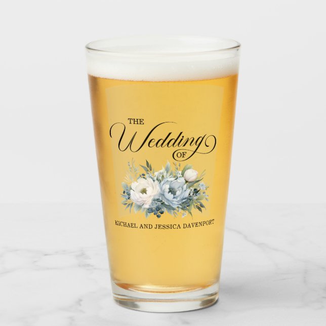 Dusty Blue White Floral Wedding Favour Glass (Front Filled)