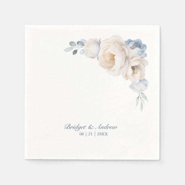Dusty Blue White Floral Wedding Napkin (Front)