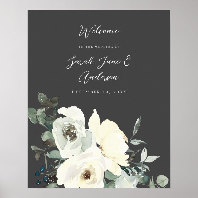 Dusty Blue & White Floral Welcome Wedding- Grey Poster (Front)