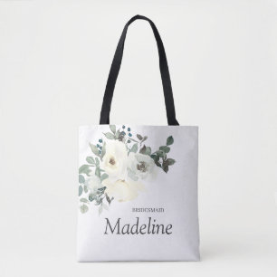 Dusty Blue & White Floral- White Tote Bag