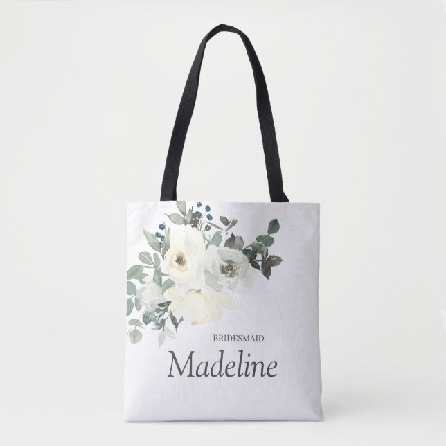 Dusty Blue & White Floral- White Tote Bag (Front)
