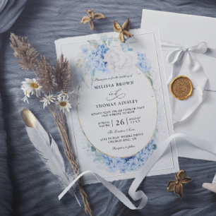 Dusty Blue White Flowers Budget QR Code Wedding Invitation