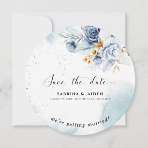 Dusty Blue White Gold Floral Photo Wedding  Invitation
