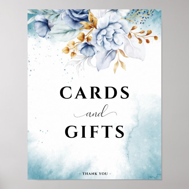 Dusty Blue White Gold Floral Wedding Cards & Gifs Poster (Front)
