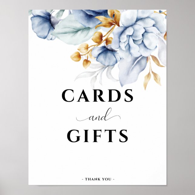 Dusty Blue White Gold Floral Wedding Cards & Gifts Poster (Front)