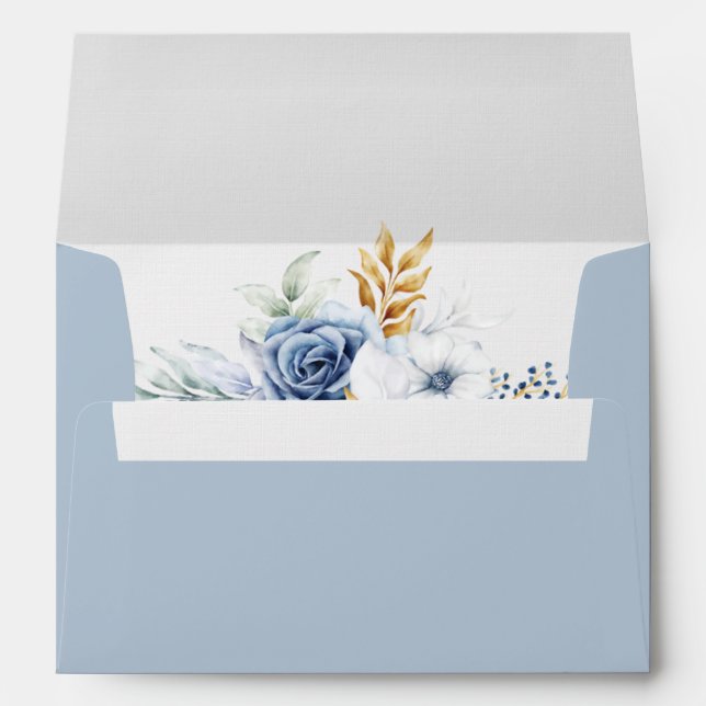 Dusty Blue White Gold Floral Wedding  Envelope (Back (Bottom))