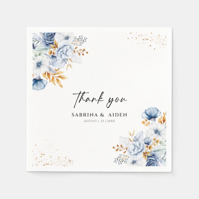 Dusty Blue White Gold Floral Wedding Napkin (Front)
