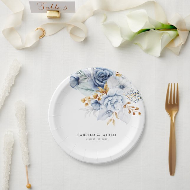 Dusty Blue White Gold Floral Wedding Paper Plate (Wedding)