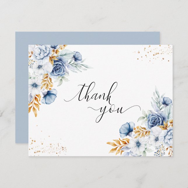 Dusty Blue White Gold Floral Wedding Thank You Card (Front/Back)