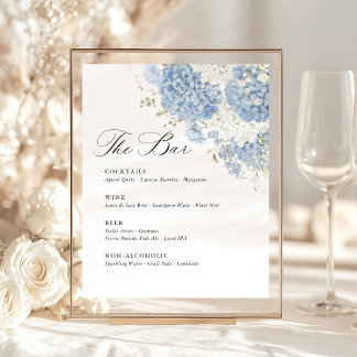 Dusty Blue White Hydrangea Wedding Bar Menu Pedestal Sign