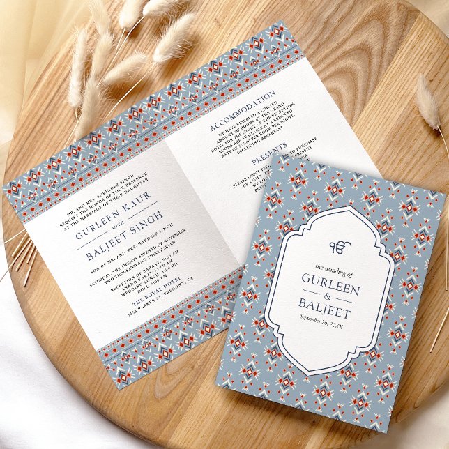 Dusty Blue White Ikat All in One Sikh Wedding Invitation (Creator Uploaded)