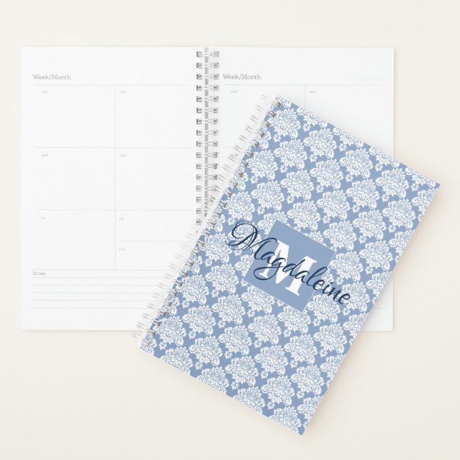 Dusty Blue & White Lacy Damask Monogram & Name Planner (Display)