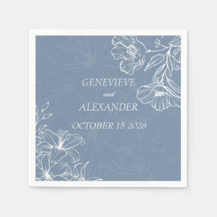 Dusty Blue White Lily Floral Wedding Paper Napkins