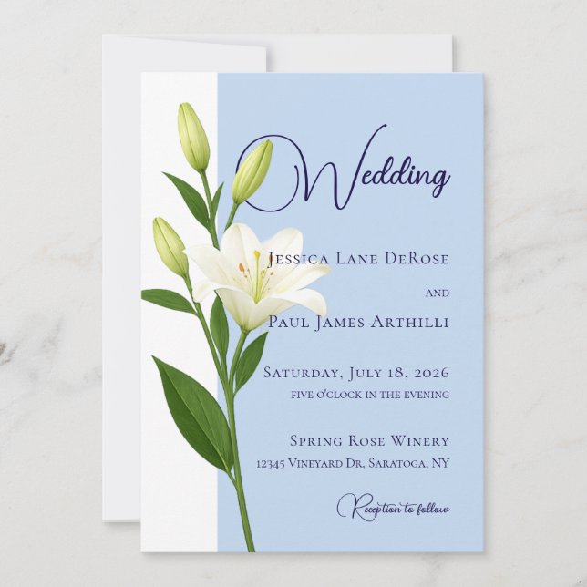 Dusty Blue White Lily Wedding Invitation (Front)