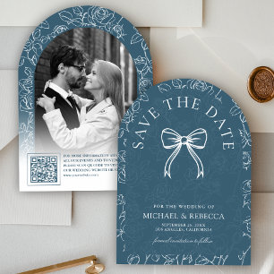 Dusty Blue White Line Art Bow Photo Wedding Save The Date
