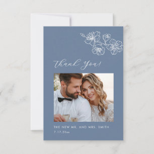 Dusty Blue White Line Art Flowers Thank You Card