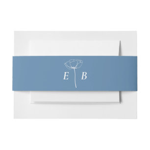 Dusty Blue White Monogram Floral Accent Initial  Invitation Belly Band