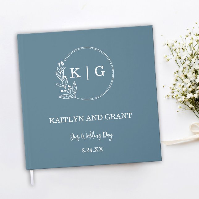 Dusty Blue & White Monogram Wedding Guestbook (Dusty blue and white wedding guestbook with floral monogram)