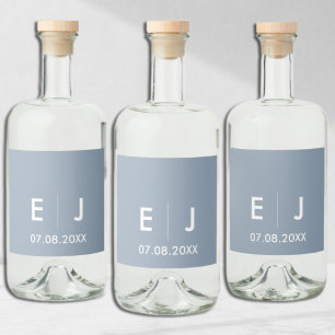 Dusty Blue & White Monogram Wedding Liquor Bottle Label