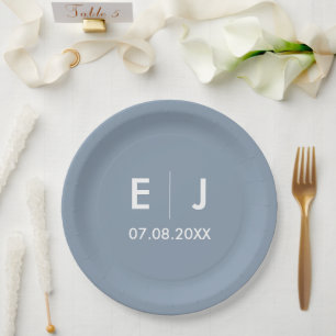 Dusty Blue & White Monogram Wedding Paper Plate