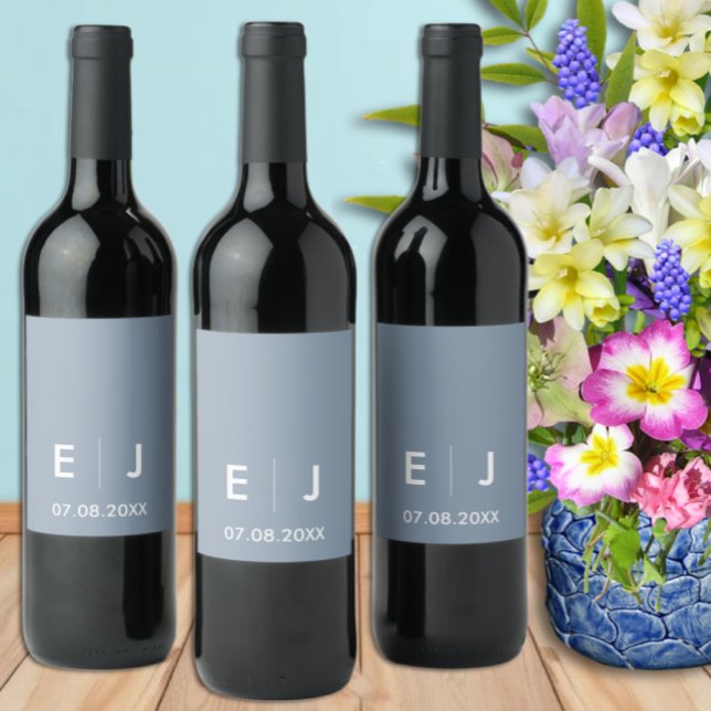 Dusty Blue & White Monogram Wedding Wine Label (Creator Uploaded)