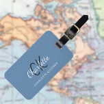 Dusty blue white monogrammed luggage tag<br><div class="desc">Dusty blue background. Personalise and add your monogram letters,  first name and full name on the front. Your contact information on the back.</div>