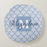 Dusty Blue & White Monogrammed Name Damask Round Cushion<br><div class="desc">This beautiful accent pillow features a classic white damask pattern over a light blue grey background. The design is personalised with a monogram initial letter as well as a customisable name. Perfect for decorating any room with a classic yet elegant style. Great house warming gift or perfect for decorating a...</div>