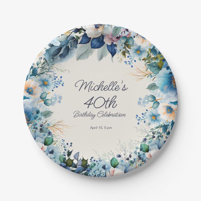 Dusty Blue White Navy Floral Women's 40th Birthday Paper Plate (Front)