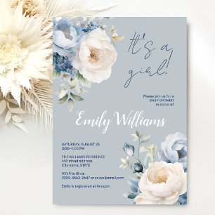 Dusty blue & white peonies baby shower invitation