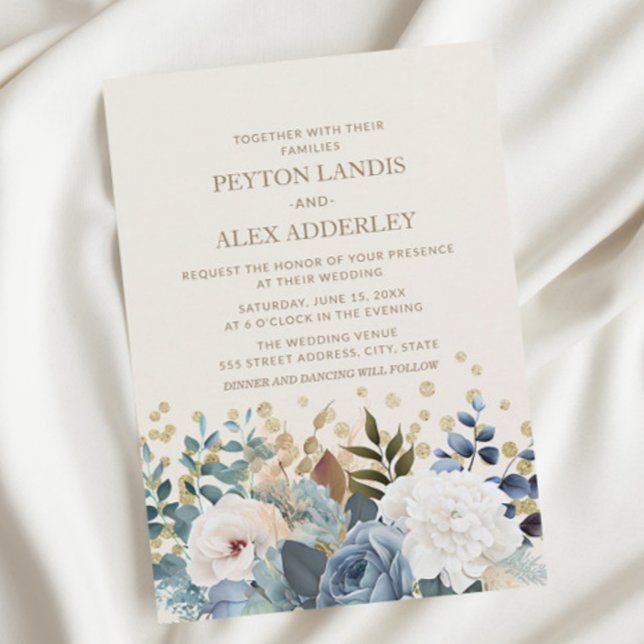 Dusty Blue White Peonies Roses Floral Gold Wedding Invitation (Creator Uploaded)
