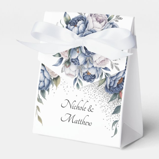 Dusty Blue & White Peony Wedding Favour Box (Front Side)