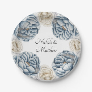 Dusty Blue & White Peony Wedding Paper Plate