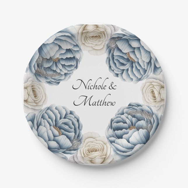 Dusty Blue & White Peony Wedding Paper Plate (Front)