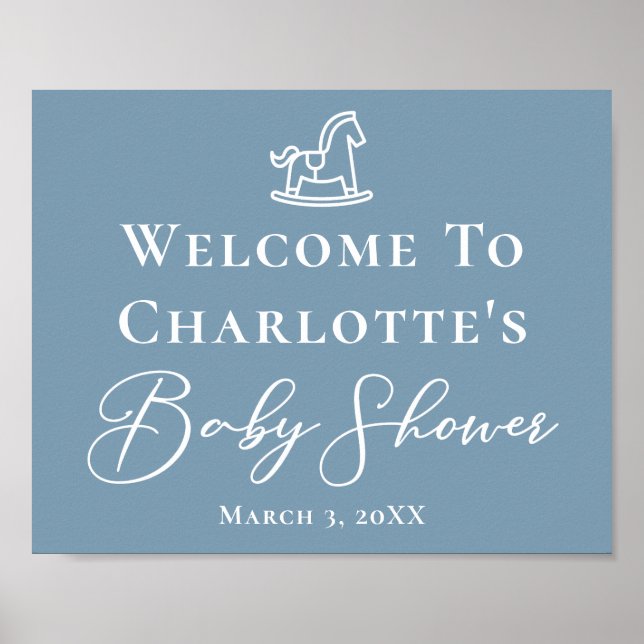 Dusty Blue White Rocking Horse Baby Shower Poster (Front)