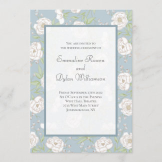 Dusty Blue White Rose Wedding Invitation