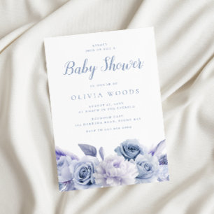 Dusty Blue & White Roses Baby Shower Invitation