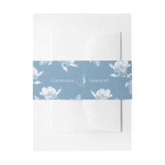 Dusty Blue White Roses Floral Wedding  Invitation Belly Band