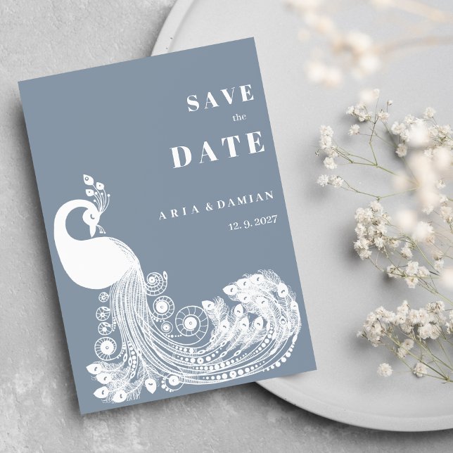 Dusty blue white royal peacock chic Save the Date Invitation (Dusty blue white royal peacock chic Save the Date )