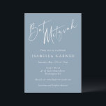 Dusty Blue White Script Modern Bat Mitzvah Girl Invitation<br><div class="desc">This bat mitzvah invitation features "Bat Mitzvah" in a large, flowing white script across the top of a dusty blue background, with the honoree's name in bold white caps and all the ceremony and reception details in clean italic type below. There's also space for the parents' names and the event...</div>