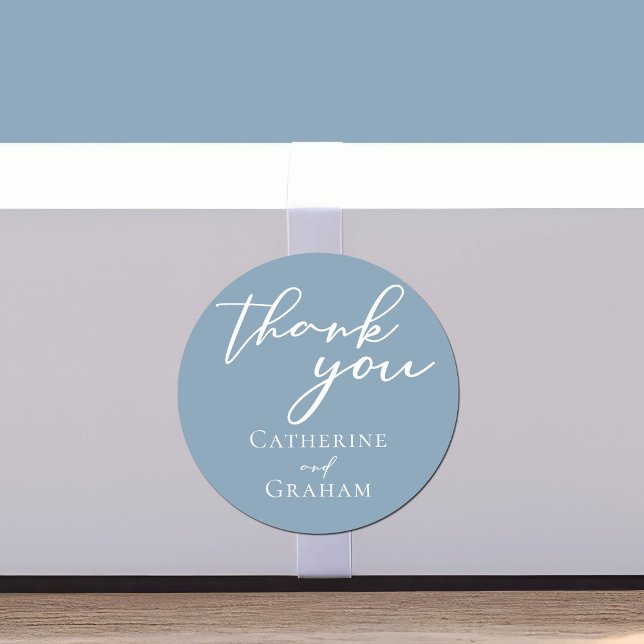 Dusty Blue White Script Personalised Wedding Classic Round Sticker (Creator Uploaded)