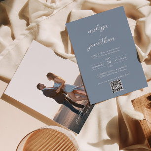 Dusty Blue & White Script Photo QR Code Wedding Invitation