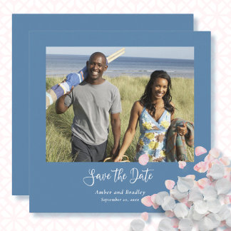 Dusty Blue White Script QR Code Save the Date  Invitation