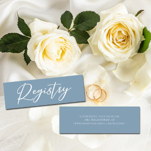 Dusty Blue White Script Wedding Registry Website Mini Business Card