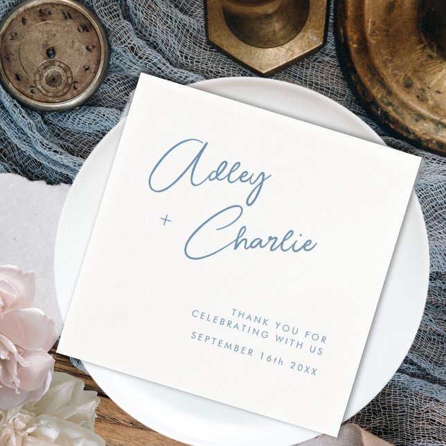 Dusty Blue & White Signature Names Wedding Napkins (Creator Uploaded)