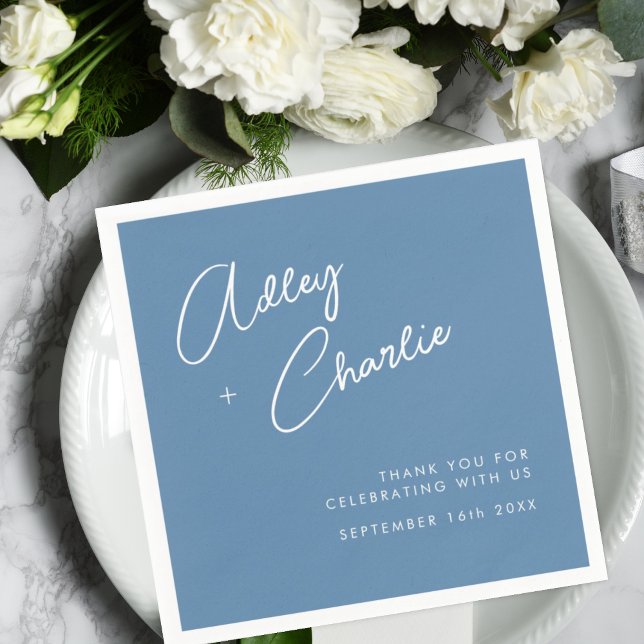 Dusty Blue & White Signature Names Wedding Napkins (Creator Uploaded)