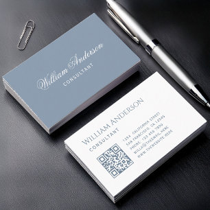 Dusty Blue White Simple QR Code and Calligraphy  Business Card