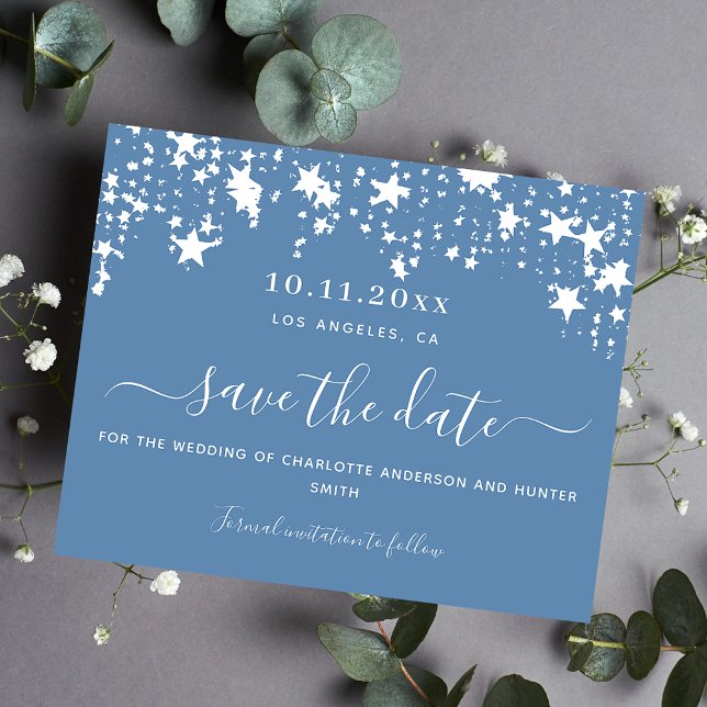 Dusty blue white star wedding budget save the date (Creator Uploaded)