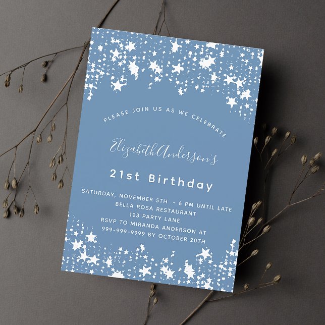 Dusty blue white stars birthday party invitation (Creator Uploaded)